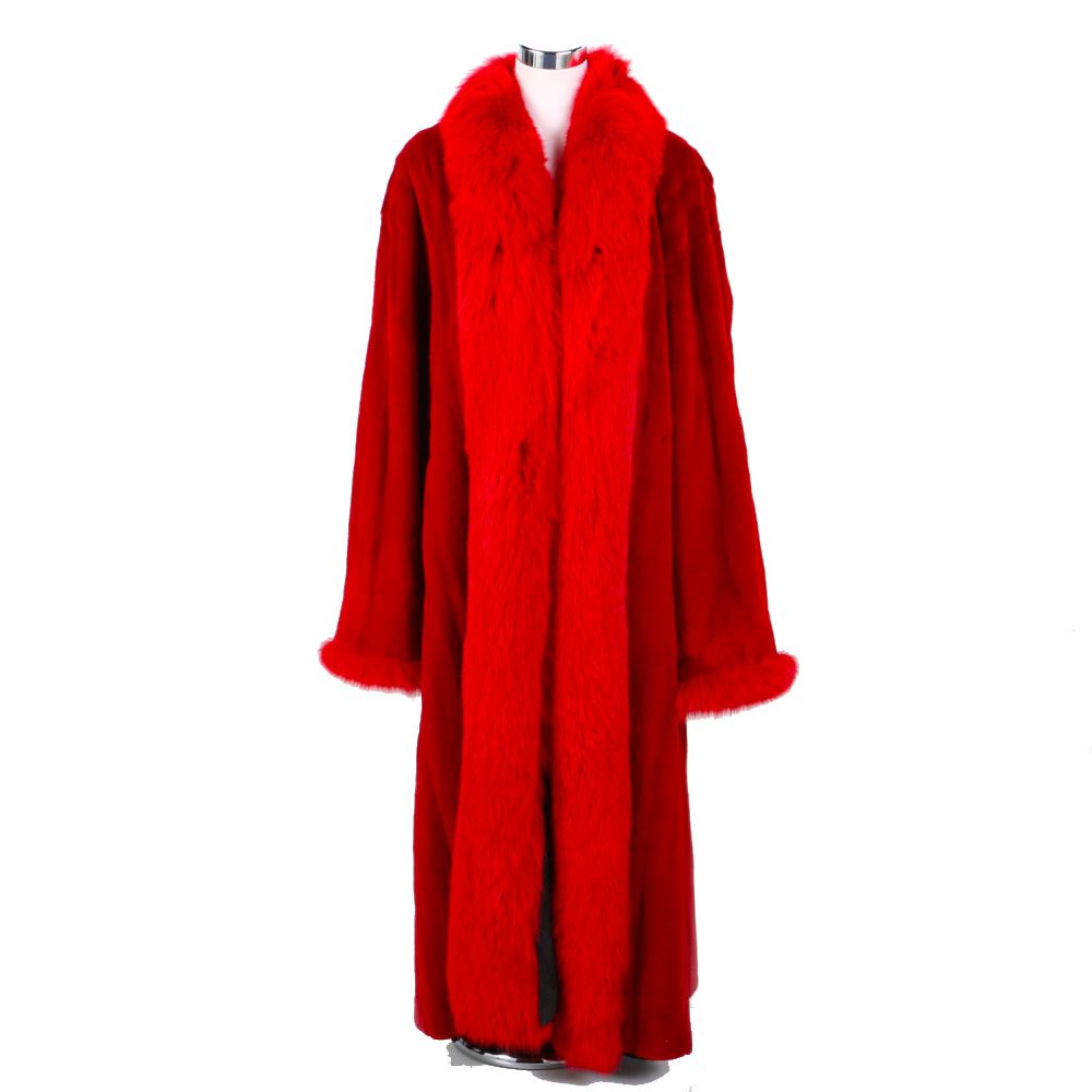 Louis Féraud Red Sheared Beaver Fur Coat With Fox Fur Trim