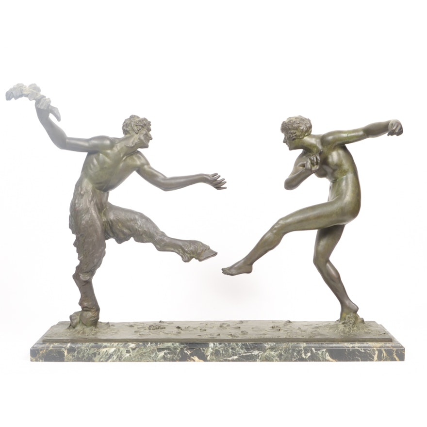 Maurice Guiraud-Rivière Bronze Sculpture "Dancing Nymph & Satyr"