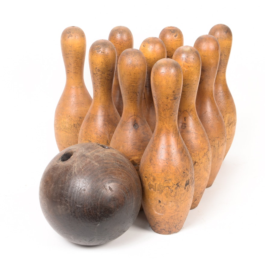 Early 20th Century Wood Bowling Ball and Pins