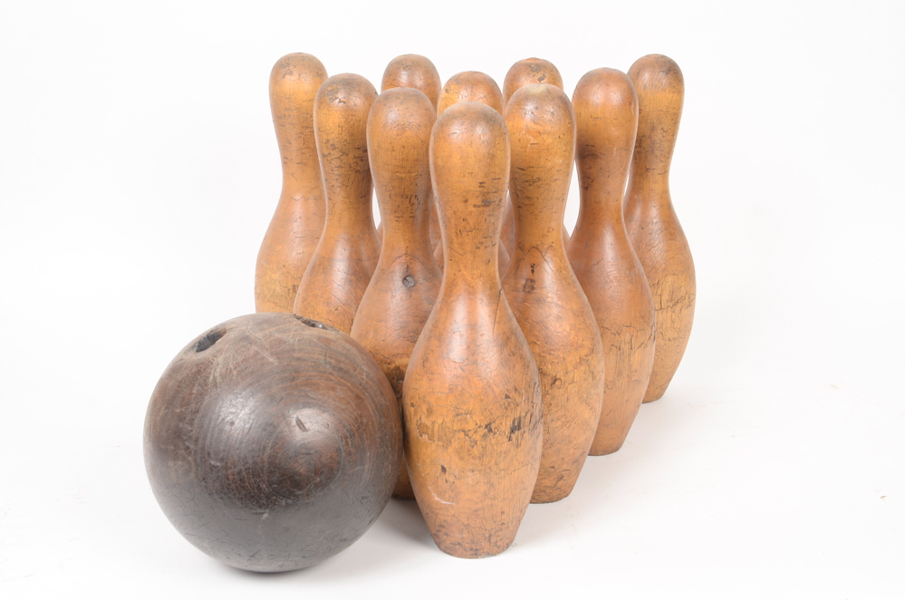 Early 20th Century Wood Bowling Ball and Pins