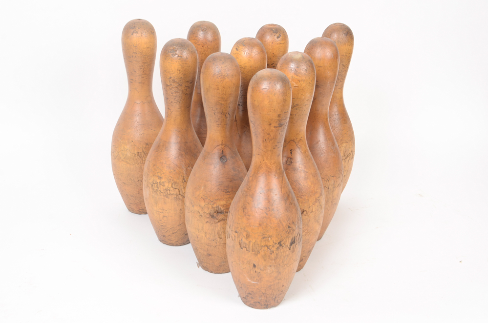 Early 20th Century Wood Bowling Ball and Pins