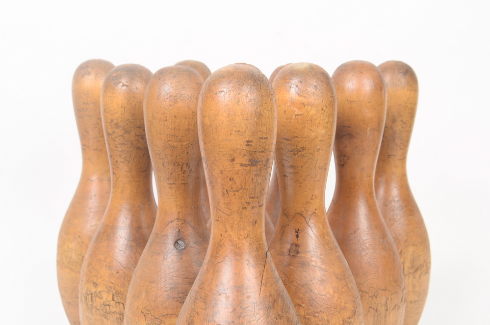 Early 20th Century Wood Bowling Ball and Pins