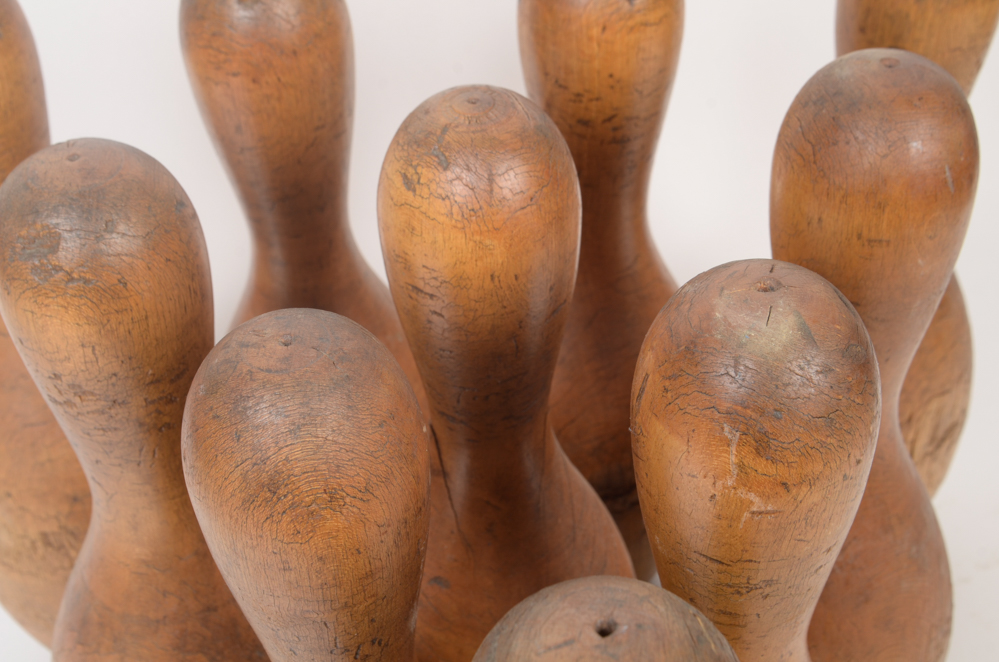 Early 20th Century Wood Bowling Ball and Pins