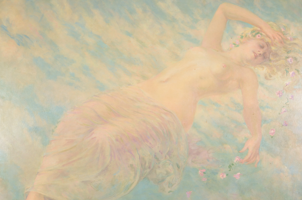 James Carroll Beckwith Oil Painting of Female Nude in Clouds