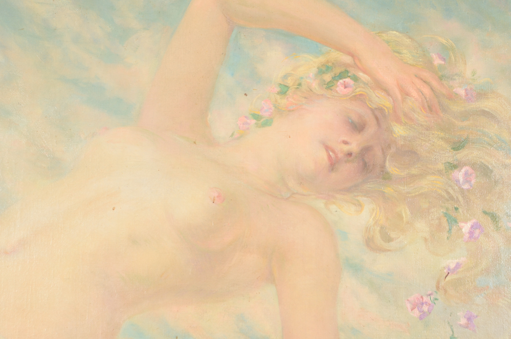 James Carroll Beckwith Oil Painting of Female Nude in Clouds