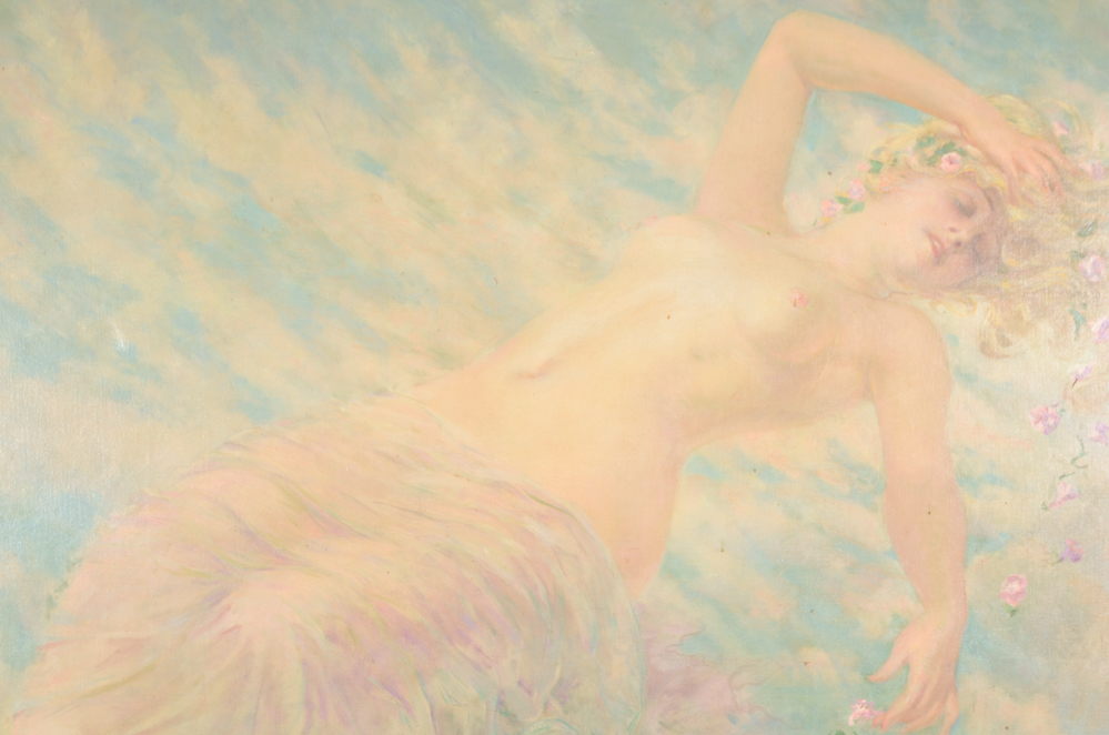 James Carroll Beckwith Oil Painting of Female Nude in Clouds