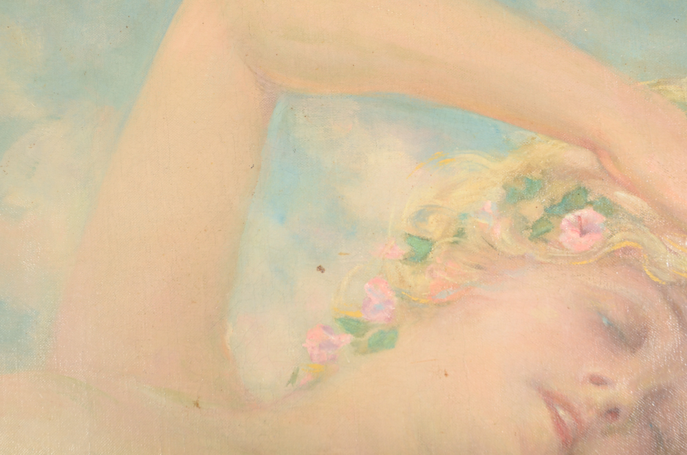 James Carroll Beckwith Oil Painting of Female Nude in Clouds