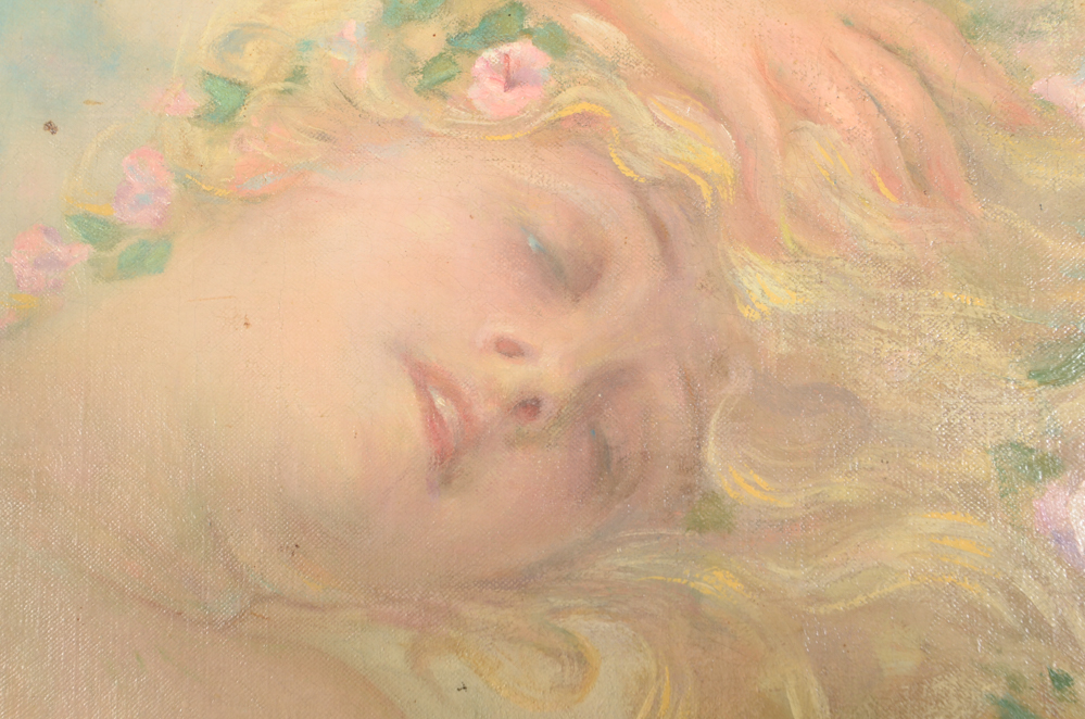 James Carroll Beckwith Oil Painting of Female Nude in Clouds