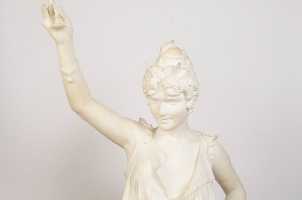 Studio of A. Gambi Marble Sculpture of Young Lady Raising a Glass