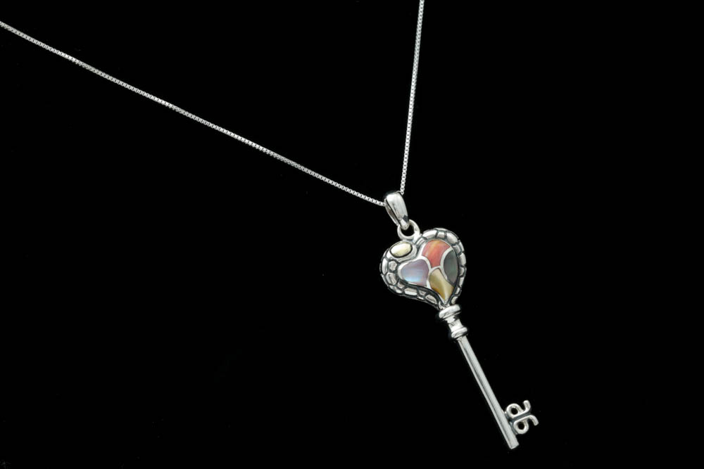 Asch Grossbardt Sterling Silver, 18K Gold, Shell and Agate Key Pendant with Chain