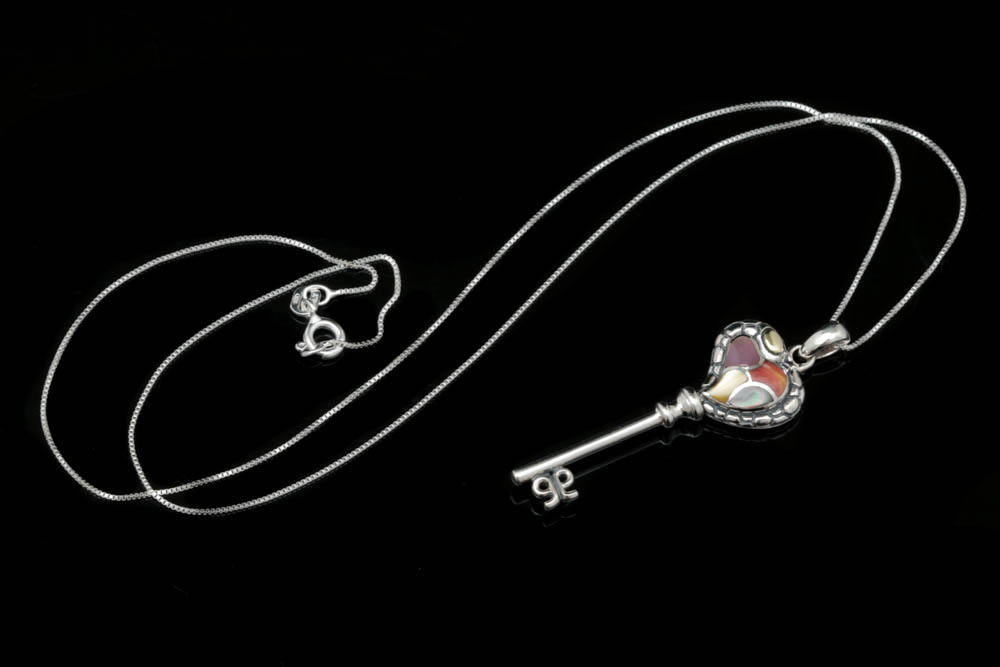 Asch Grossbardt Sterling Silver, 18K Gold, Shell and Agate Key Pendant with Chain