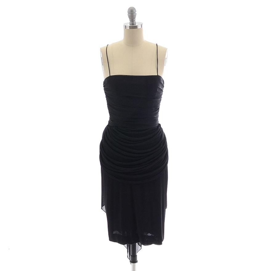 Black Jersey Sleeveless Cocktail Dress with Ruched Panels and Silk Chiffon