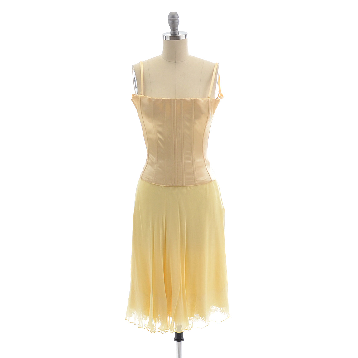 Dolce & Gabbana Sleeveless Satin Bustier and Silk Chiffon Skirt in Pale Yellow with Lace Susan Wore Portraying Erica Kane