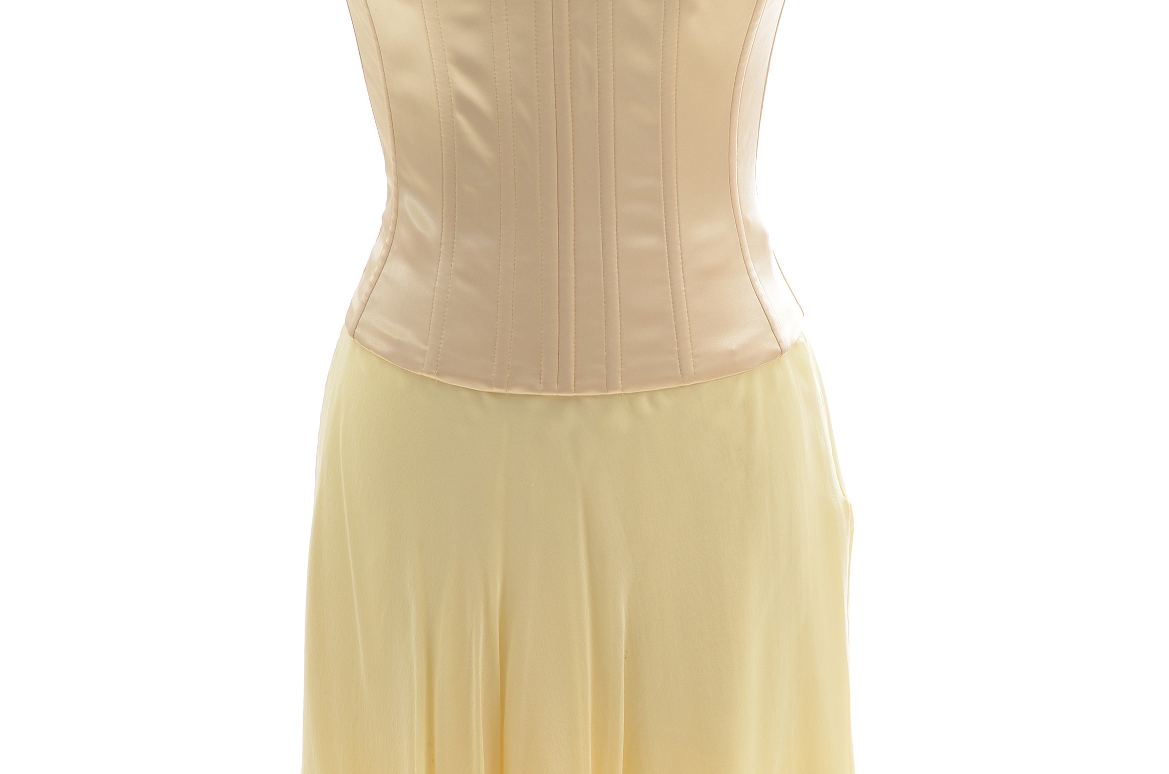 Dolce & Gabbana Sleeveless Satin Bustier and Silk Chiffon Skirt in Pale Yellow with Lace Susan Wore Portraying Erica Kane