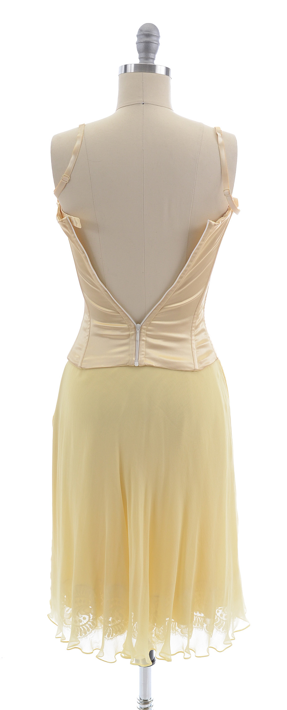Dolce & Gabbana Sleeveless Satin Bustier and Silk Chiffon Skirt in Pale Yellow with Lace Susan Wore Portraying Erica Kane