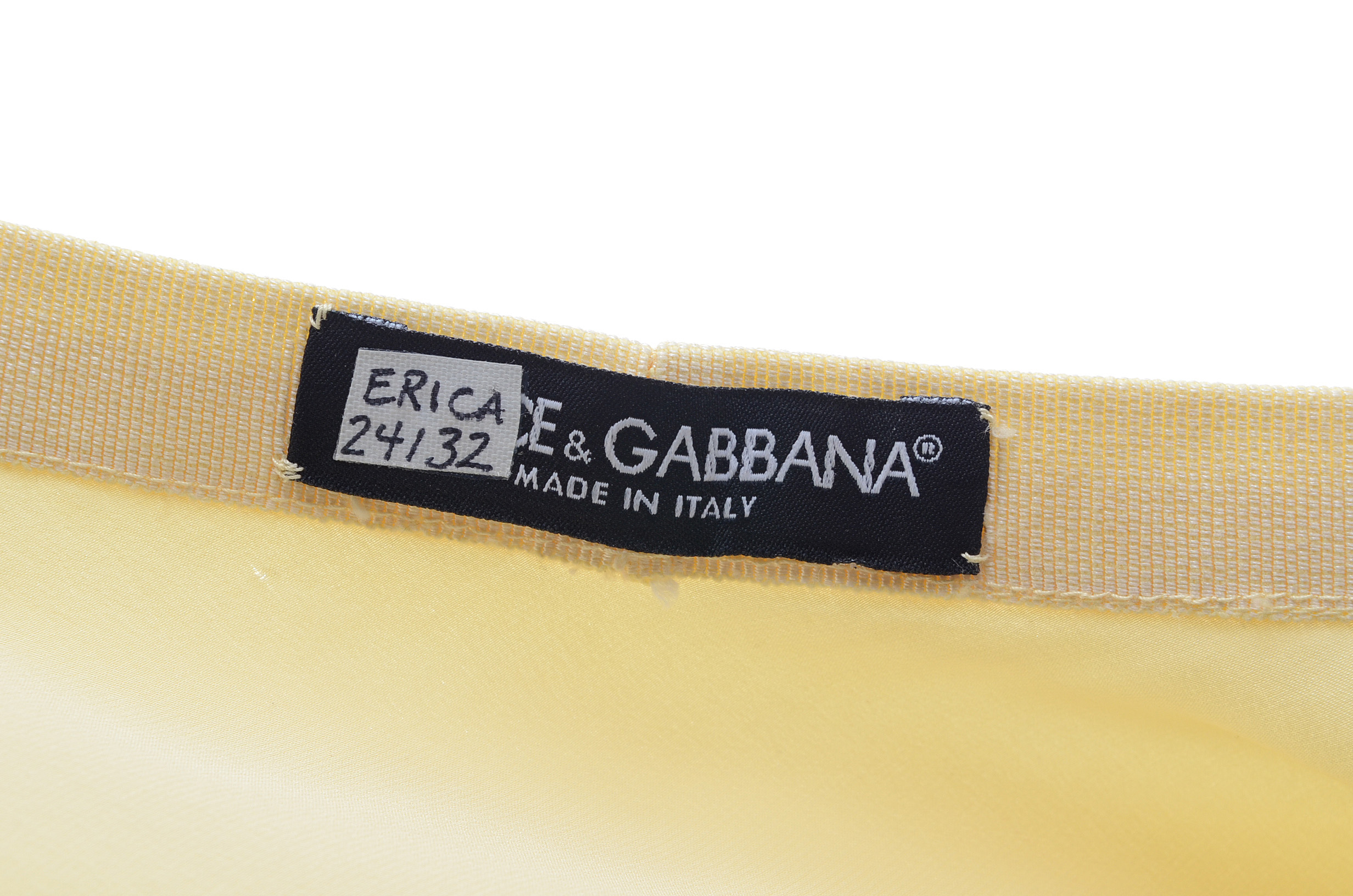 Dolce & Gabbana Sleeveless Satin Bustier and Silk Chiffon Skirt in Pale Yellow with Lace Susan Wore Portraying Erica Kane