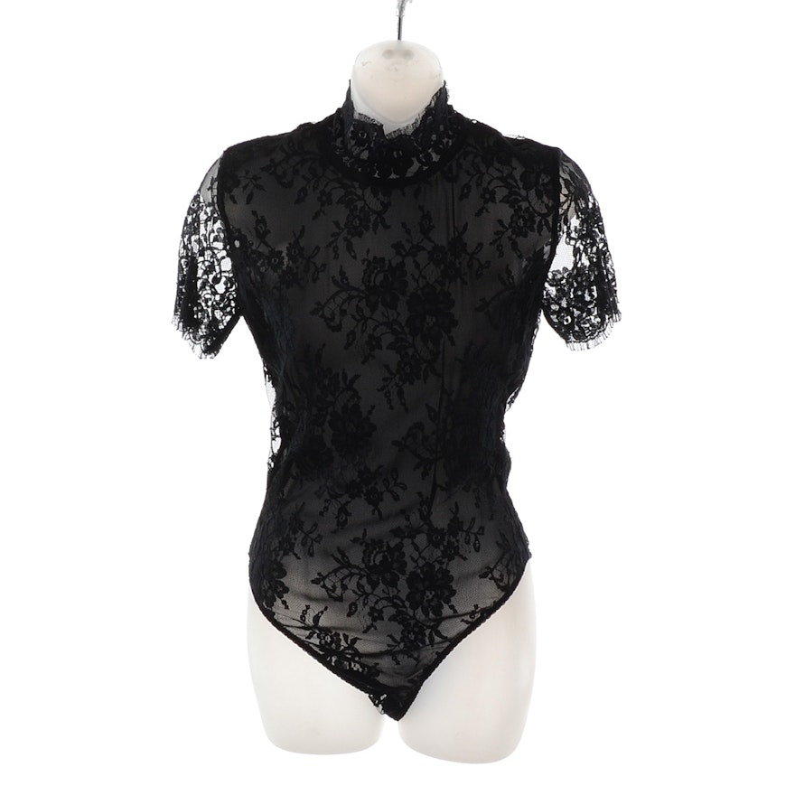 Anna Molinari Black Lace Bodysuit Blouse with Cap Sleeves