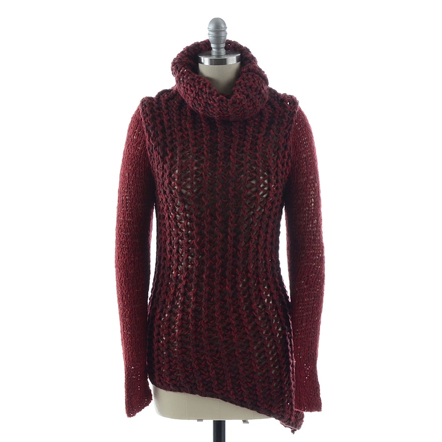 Helmut Lang Turtleneck Open Knit Asymmetrical Sweater in Merlot