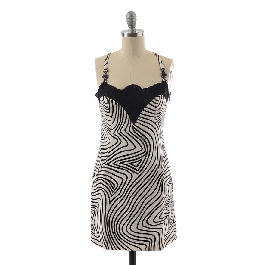 Gianni Versace Couture Black and White Silk Print Slip Dress Accented with Black Lace