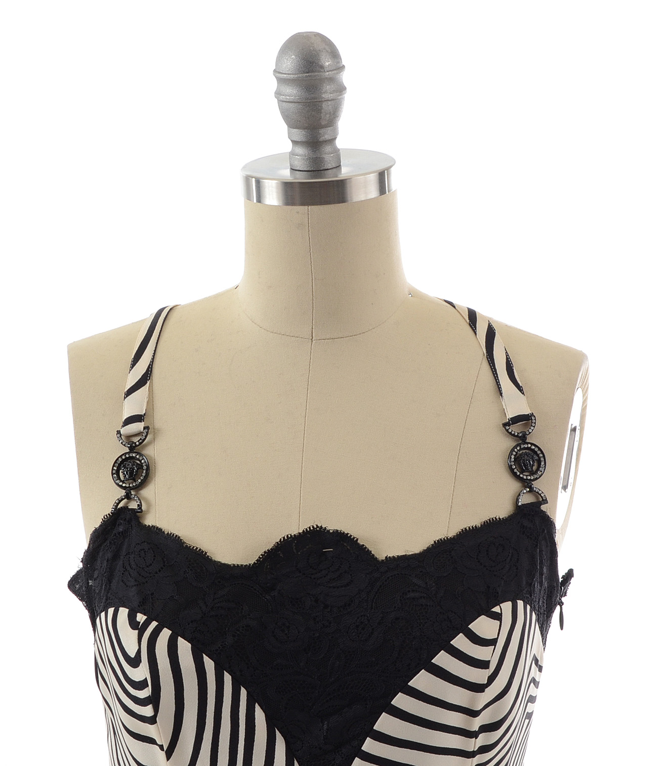 Gianni Versace Couture Black and White Silk Print Slip Dress Accented with Black Lace