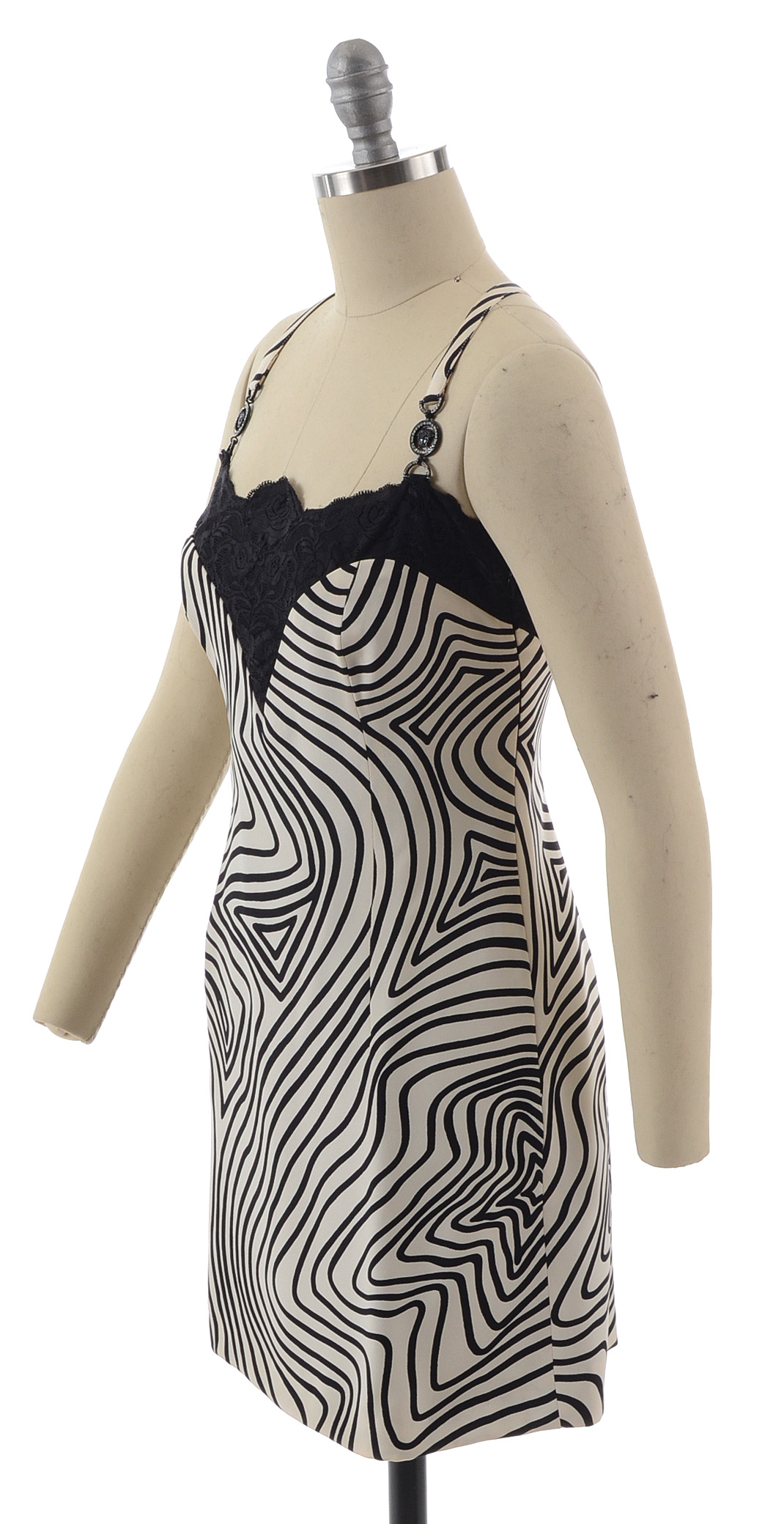 Gianni Versace Couture Black and White Silk Print Slip Dress Accented with Black Lace