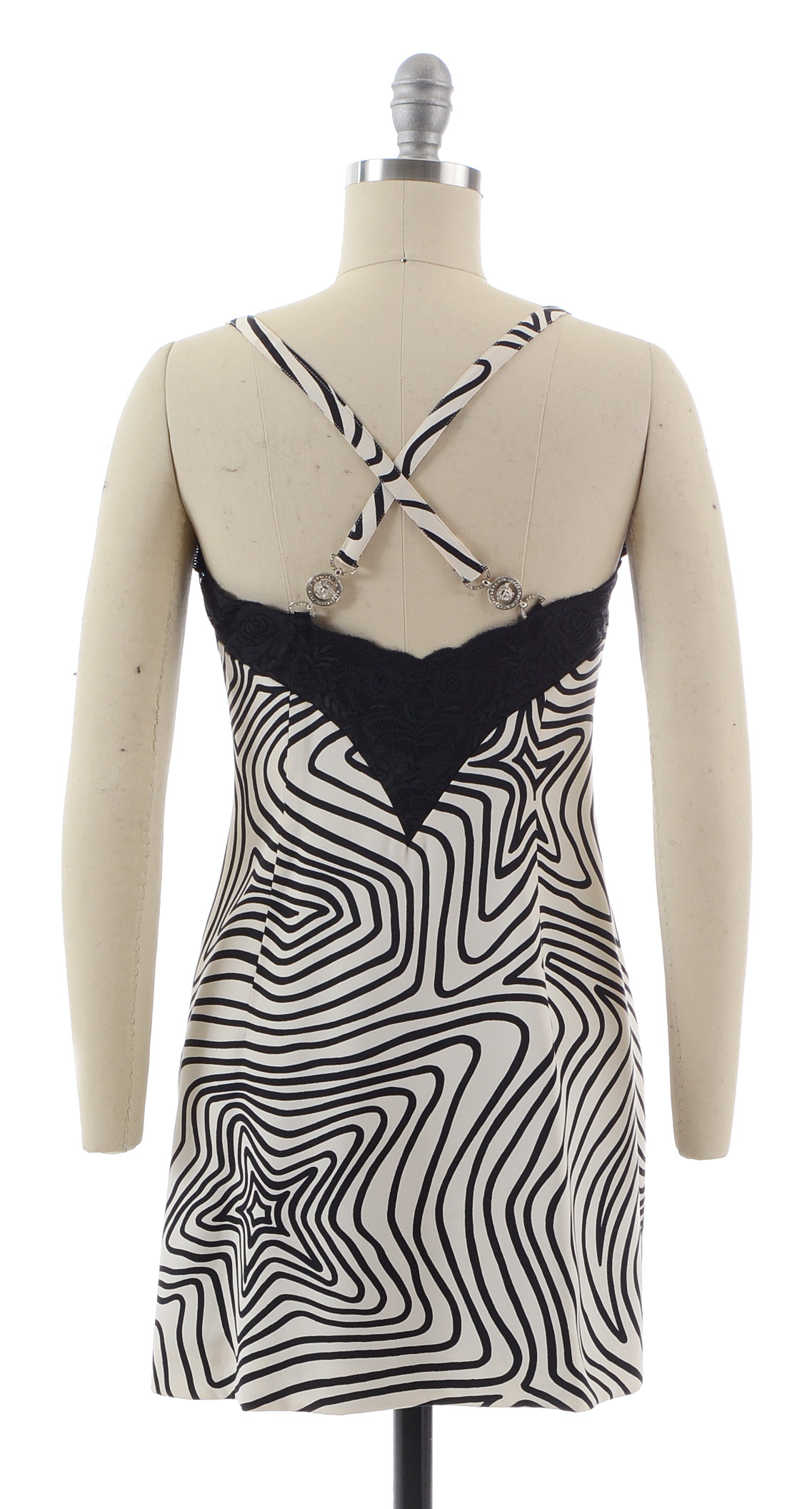 Gianni Versace Couture Black and White Silk Print Slip Dress Accented with Black Lace