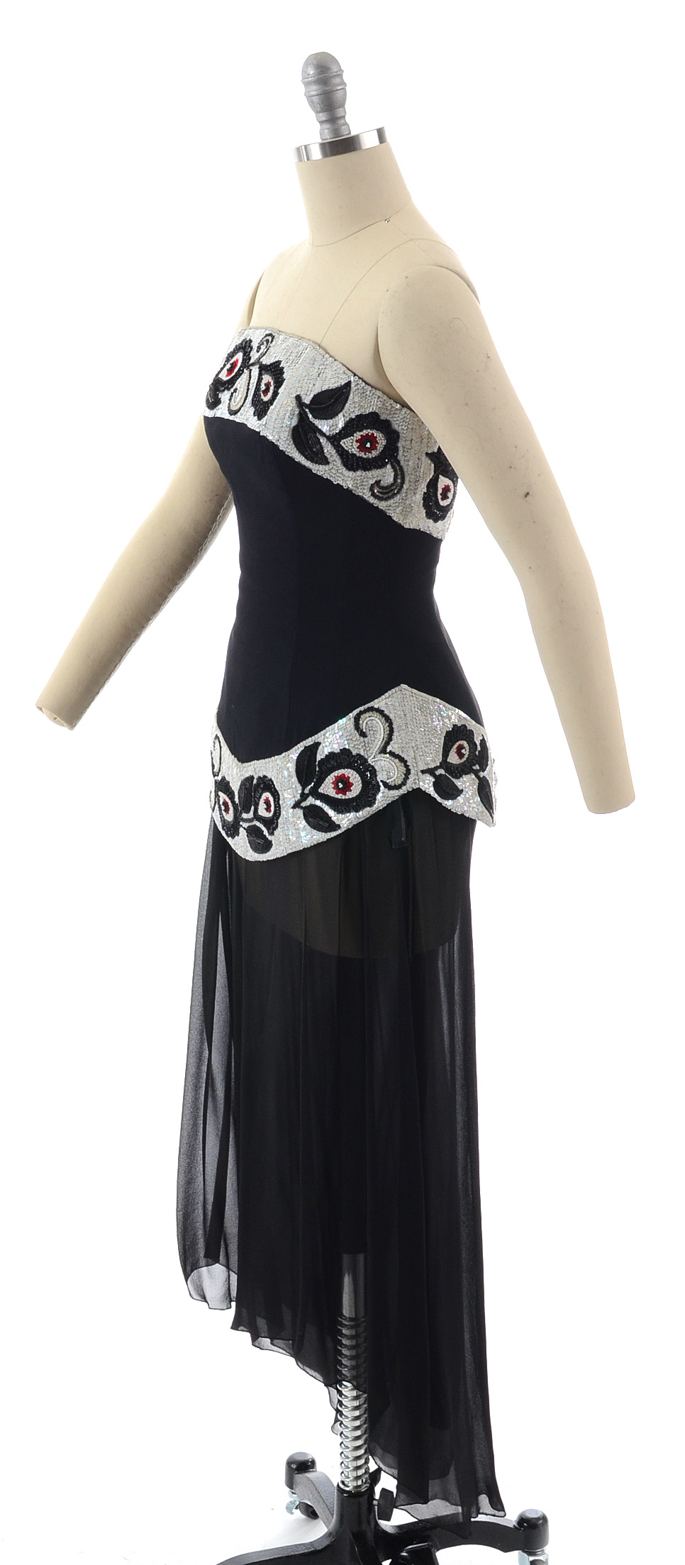 Karl Lagerfeld Formal Ensemble with Sequined Embellished Strapless Bustier Top and Long Black Silk Palazzo Pants