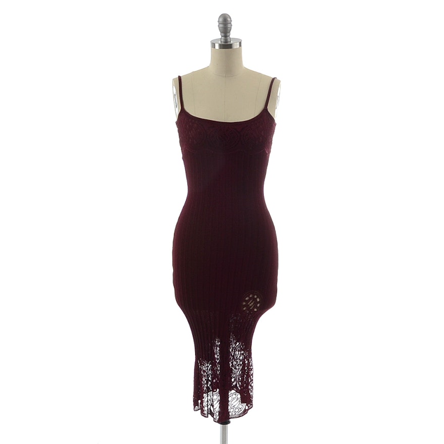 John Galliano of Paris Knit and Crochet Lace Slip Dress in Merlot