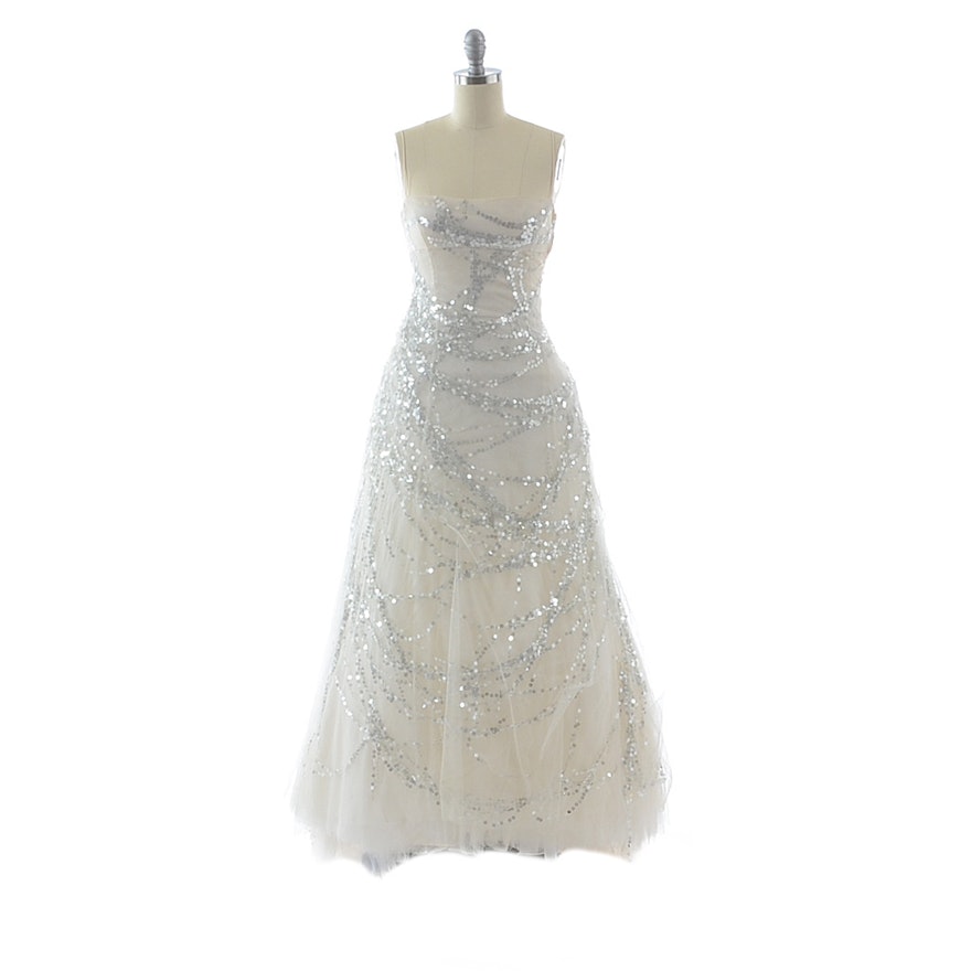Richard Tyler Sleeveless Bridal Gown in Ivory Mesh Embellished with Silver Sequins