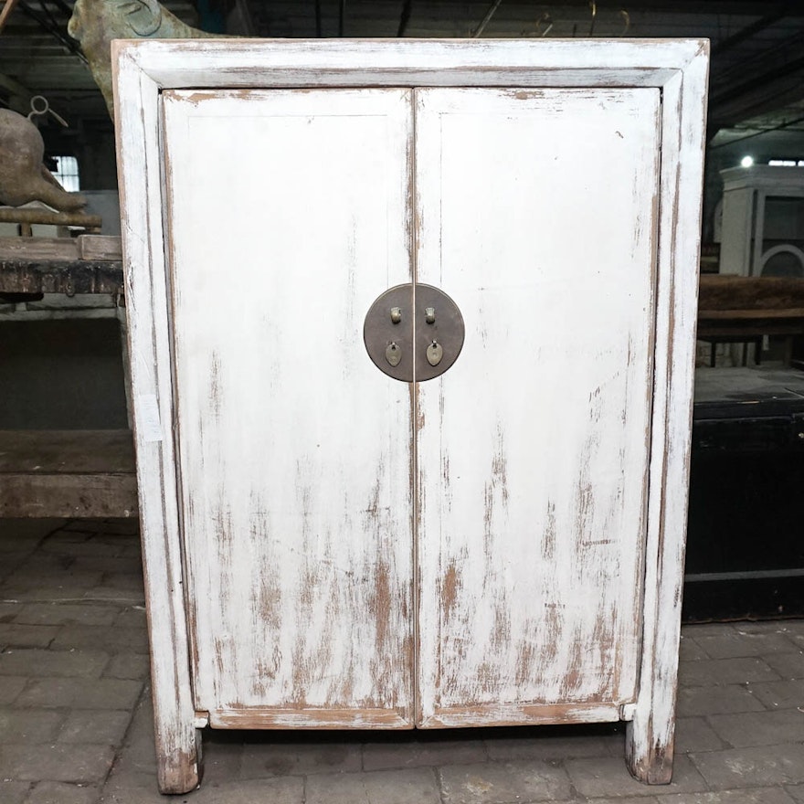 Distressed White Chinese Inspired Double Door Cabinet