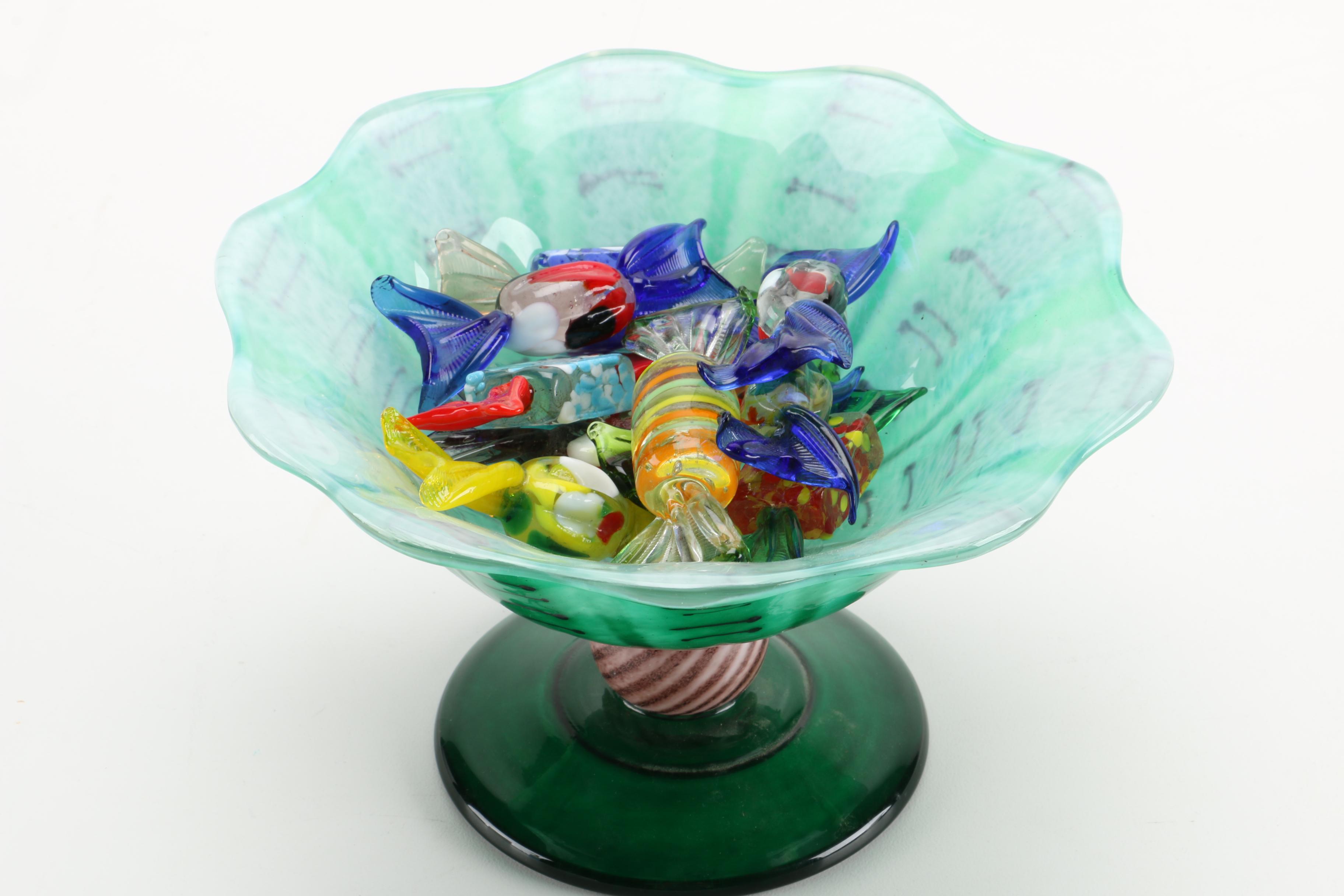 Hand Blown Glass Candy Dish With Glass Candy Collection
