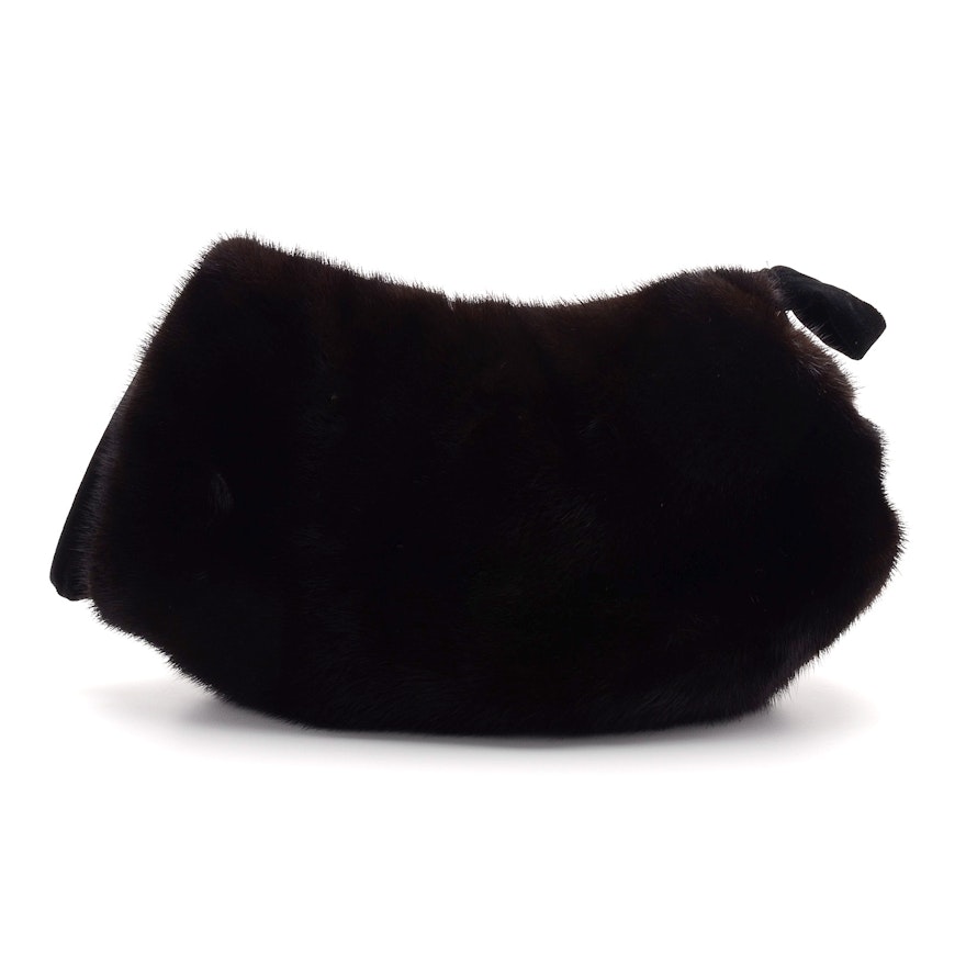 Vintage Inspired Black Velveteen and Ranch Mink Fur Muff