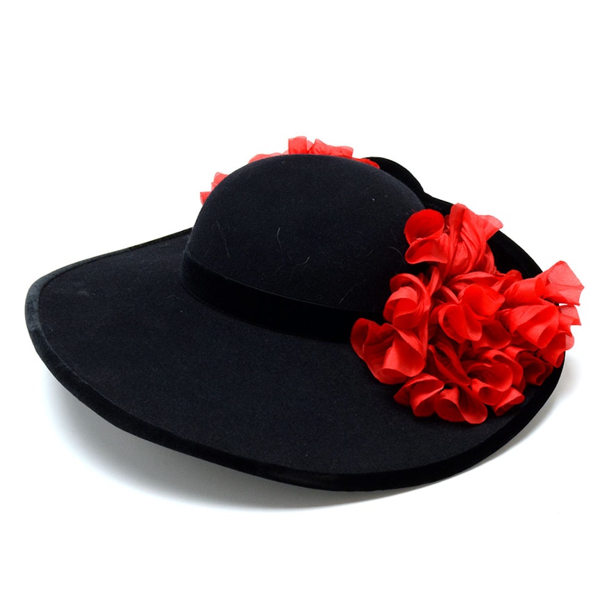 Tracey Tooker of New York Fine Millinery Black Imported Fur Felt Picture Hat with Black Velvet Ribbon and Red Florals