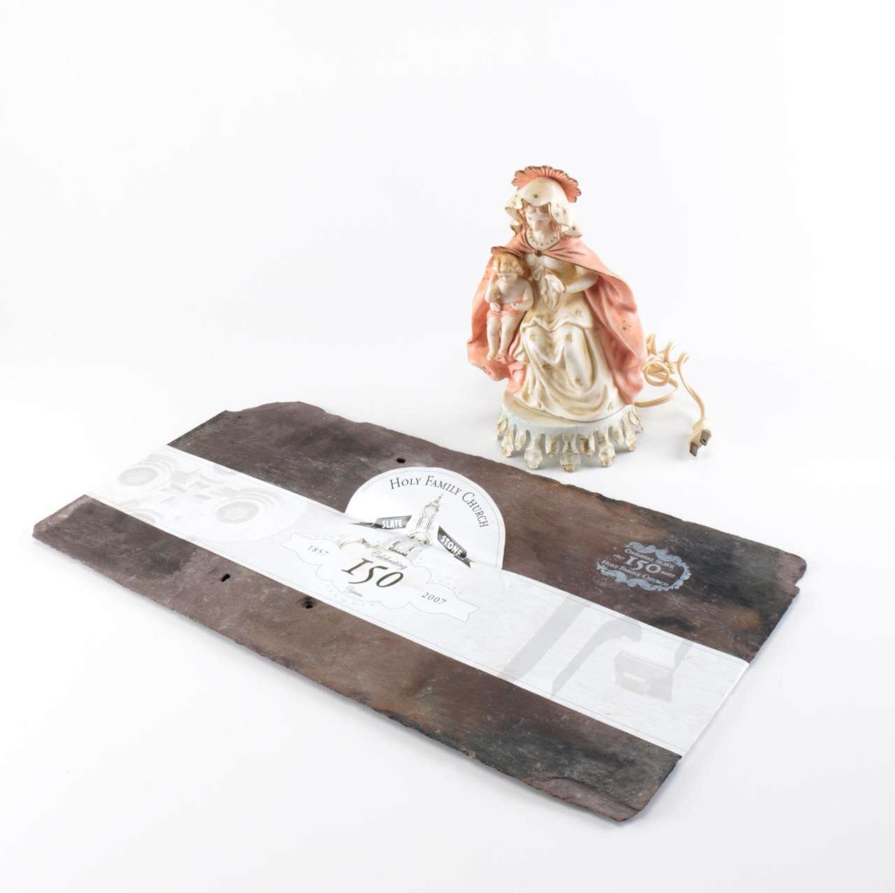 Historic Church Roof Tile and Vintage Religious Lamp