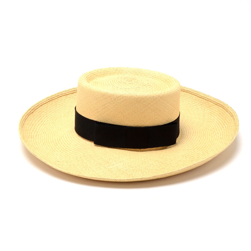 Suzanne of New York Fine Custom Made Millinery Natural Straw Hat with Black Grosgrain Ribbon Band and Signature Hat Box