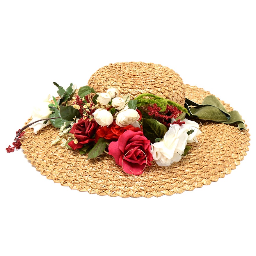 Suzanne of New York Fine Custom Made Millinery Natural Straw Picture Hat with Florals and Signature Hat Box