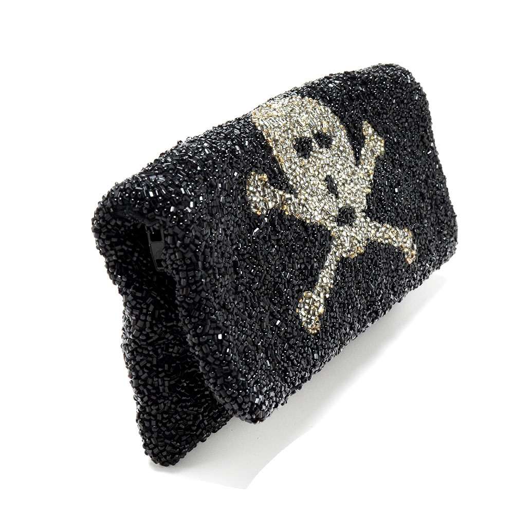 Moyna Skull and Crossbones Beaded Fold-Over Clutch