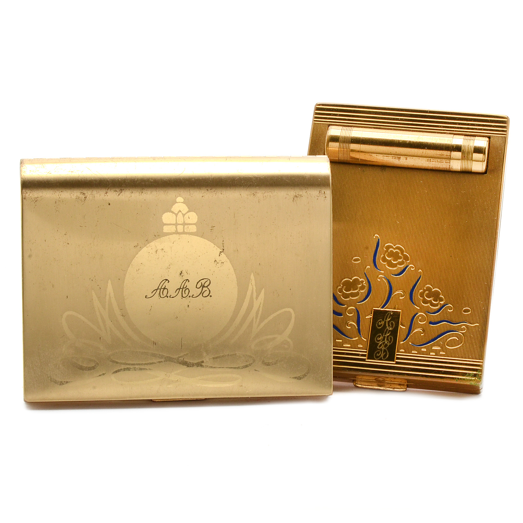 Pairing of Vintage Gold-Tone Makeup Compacts Including Lentheric