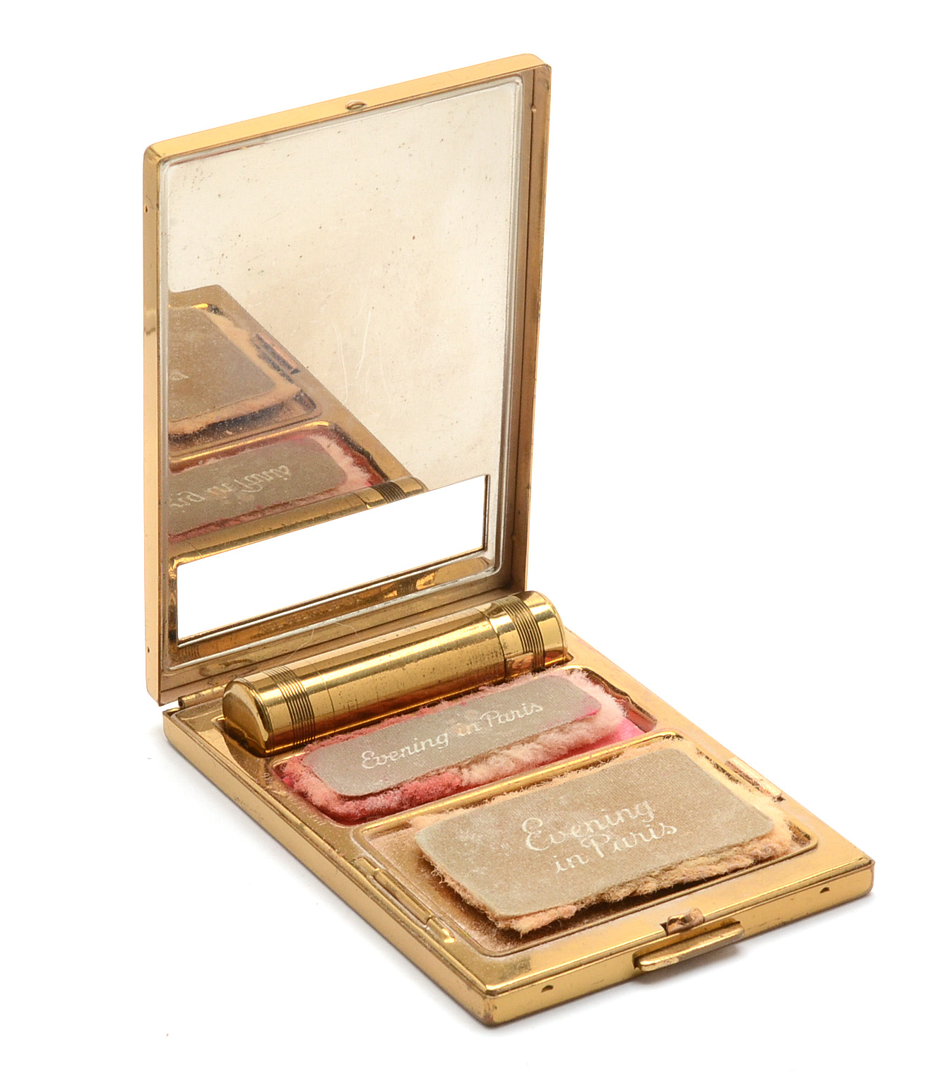 Pairing of Vintage Gold-Tone Makeup Compacts Including Lentheric