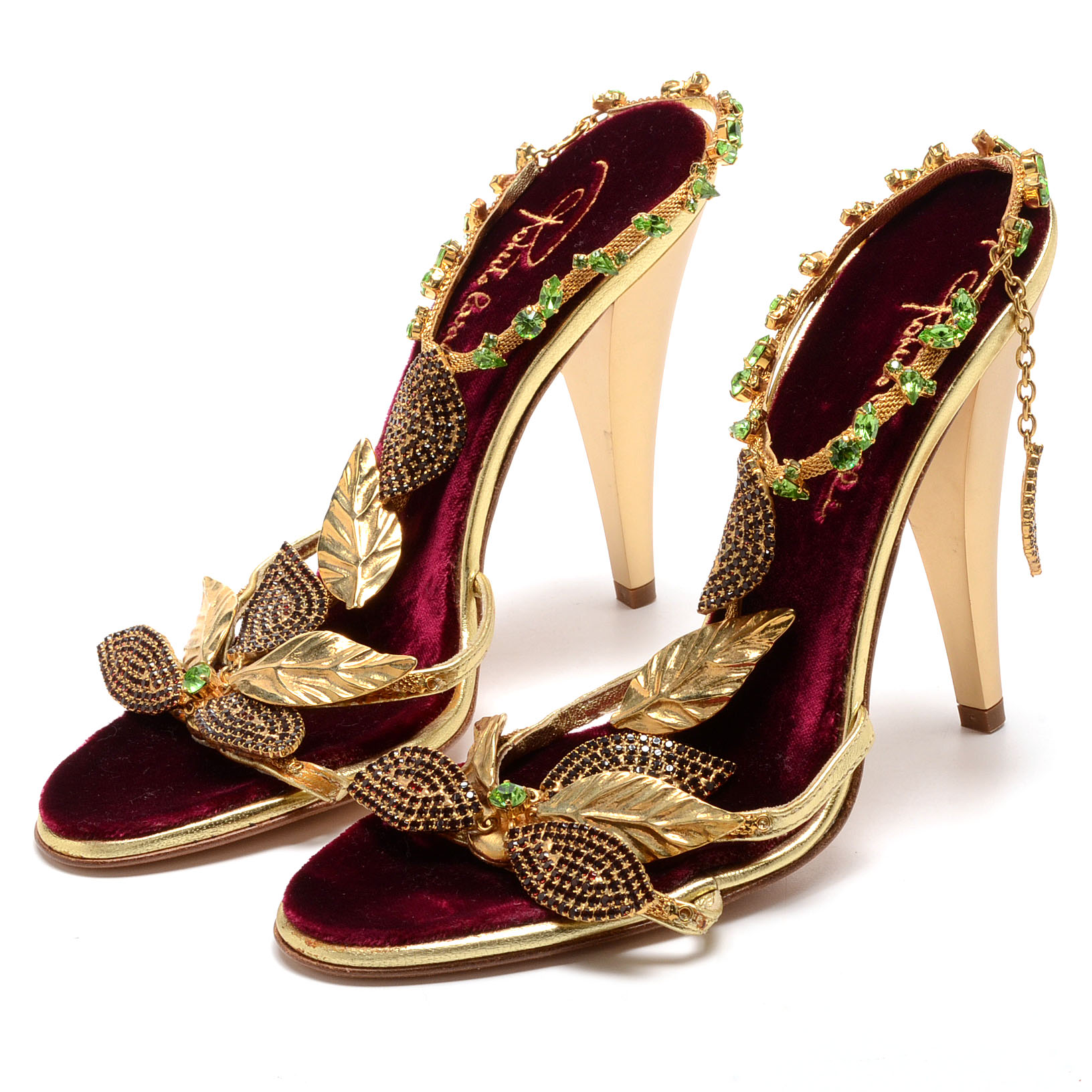 Roberto Cavalli Gold Metallic Leather Sling Back Dress Sandals Embellished with Swarovski Crystals