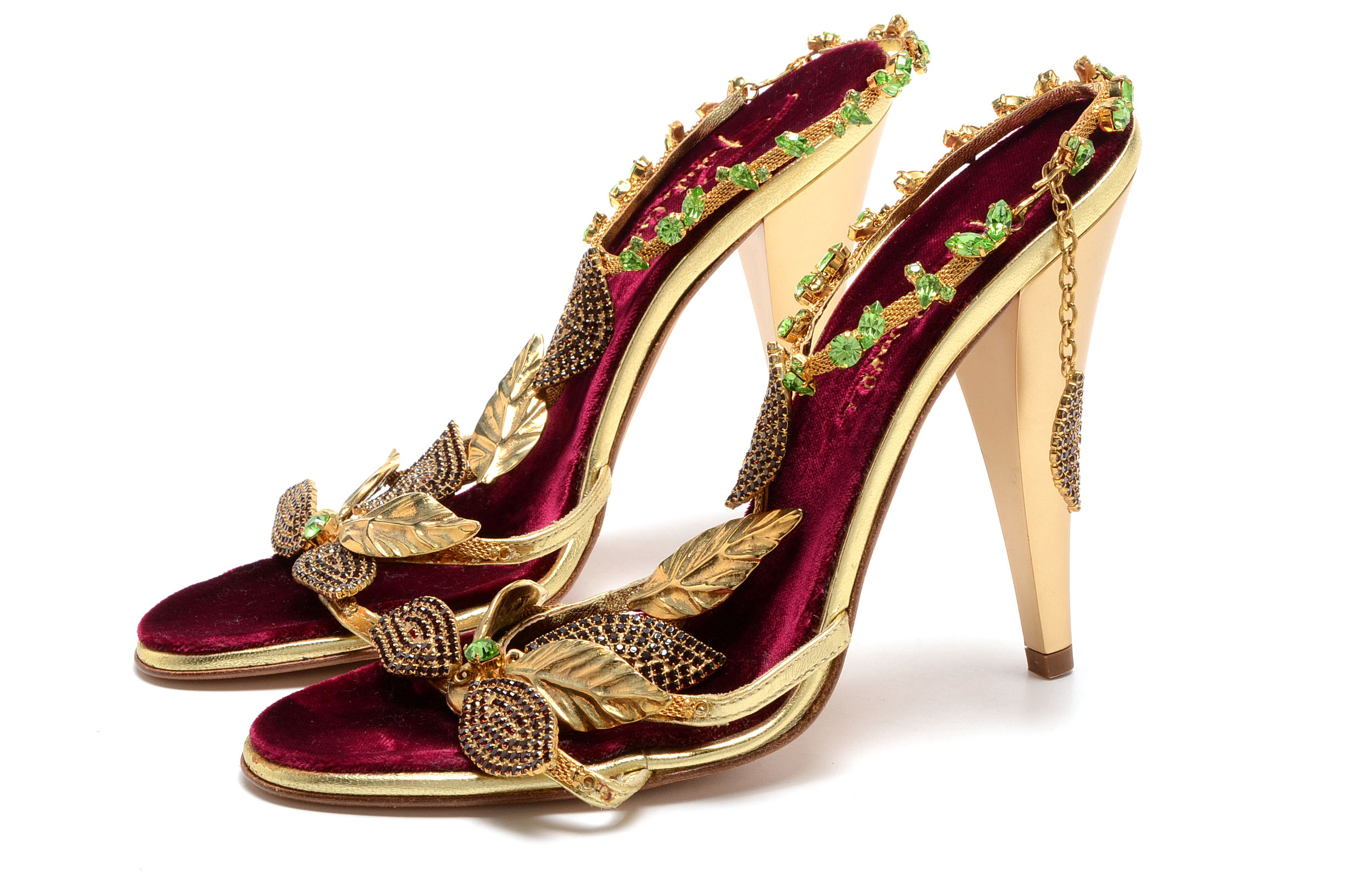 Roberto Cavalli Gold Metallic Leather Sling Back Dress Sandals Embellished with Swarovski Crystals