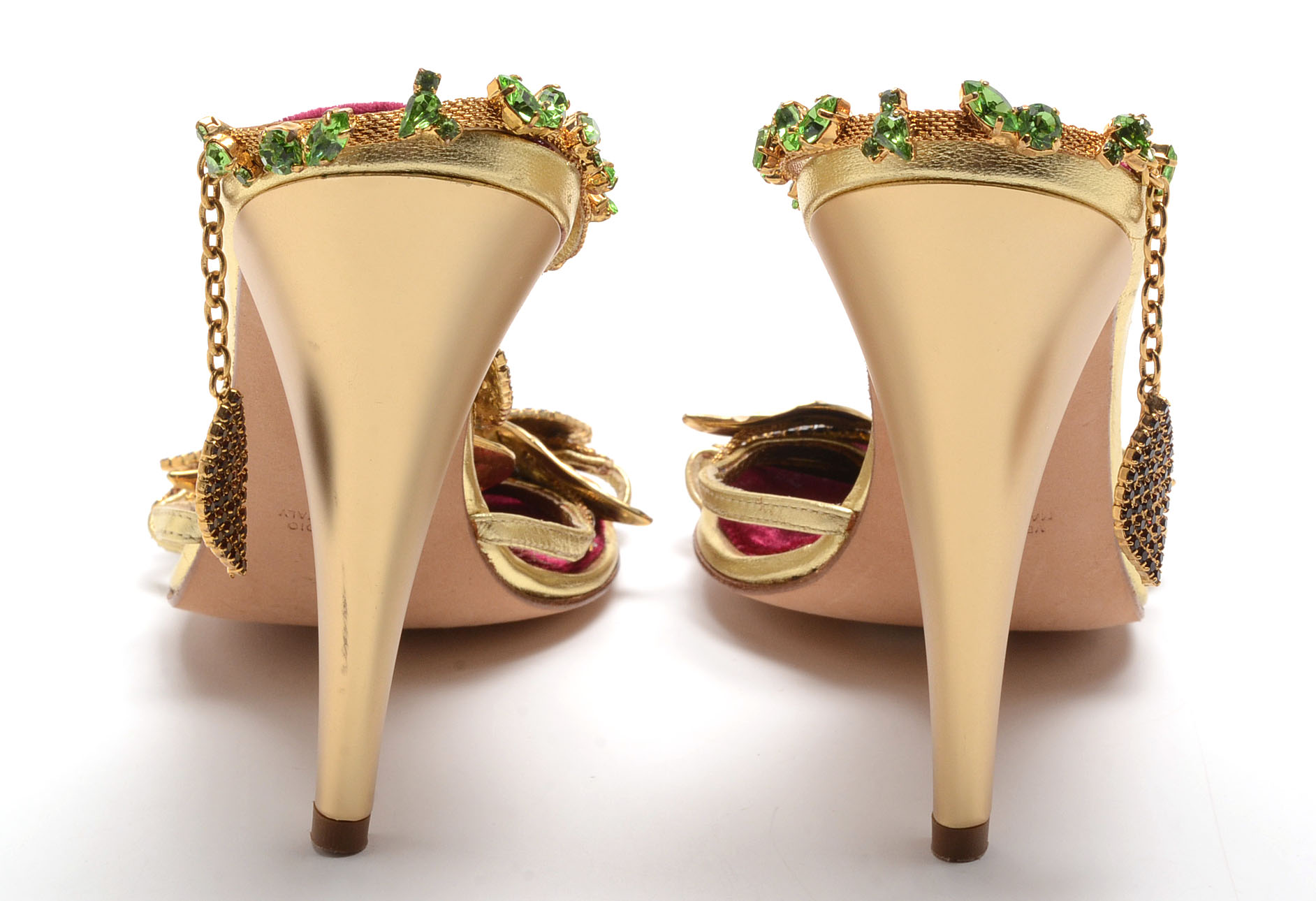 Roberto Cavalli Gold Metallic Leather Sling Back Dress Sandals Embellished with Swarovski Crystals