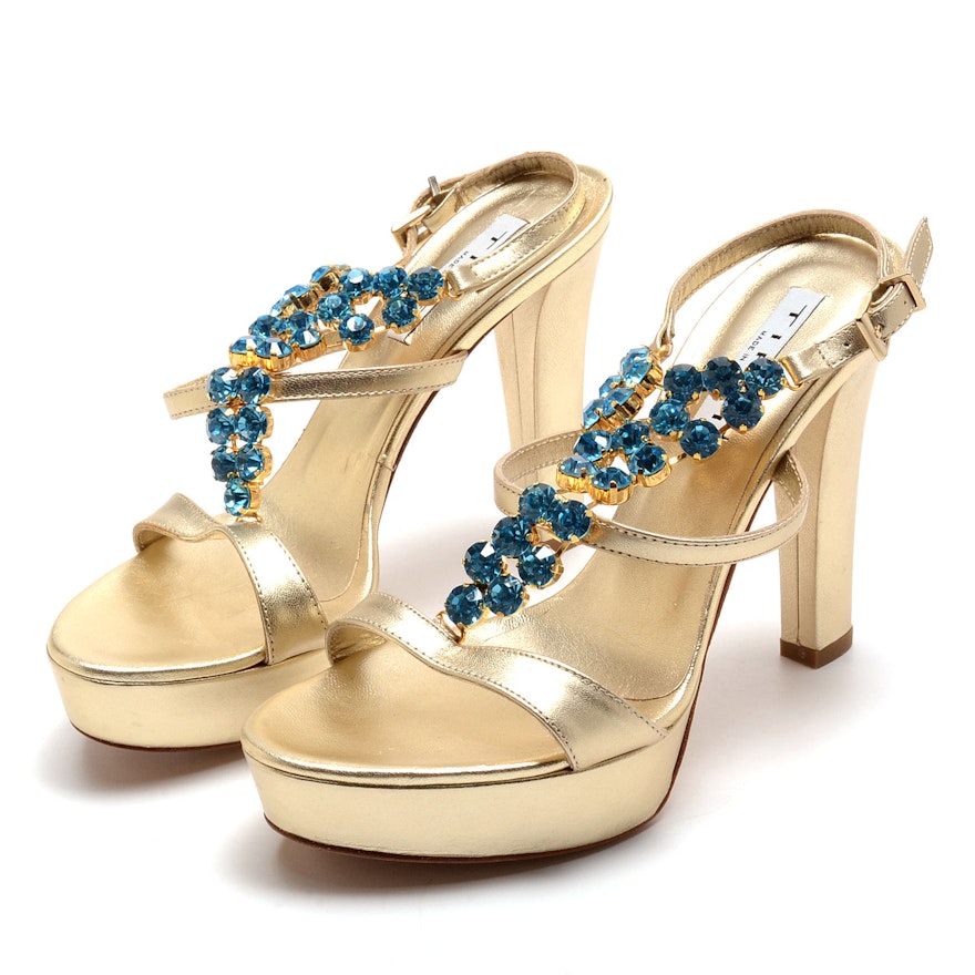 Tiffi Gold Metallic Leather Platform Sling Back Dress Sandals Embellished with Topaz Blue Crystal Rhinestones