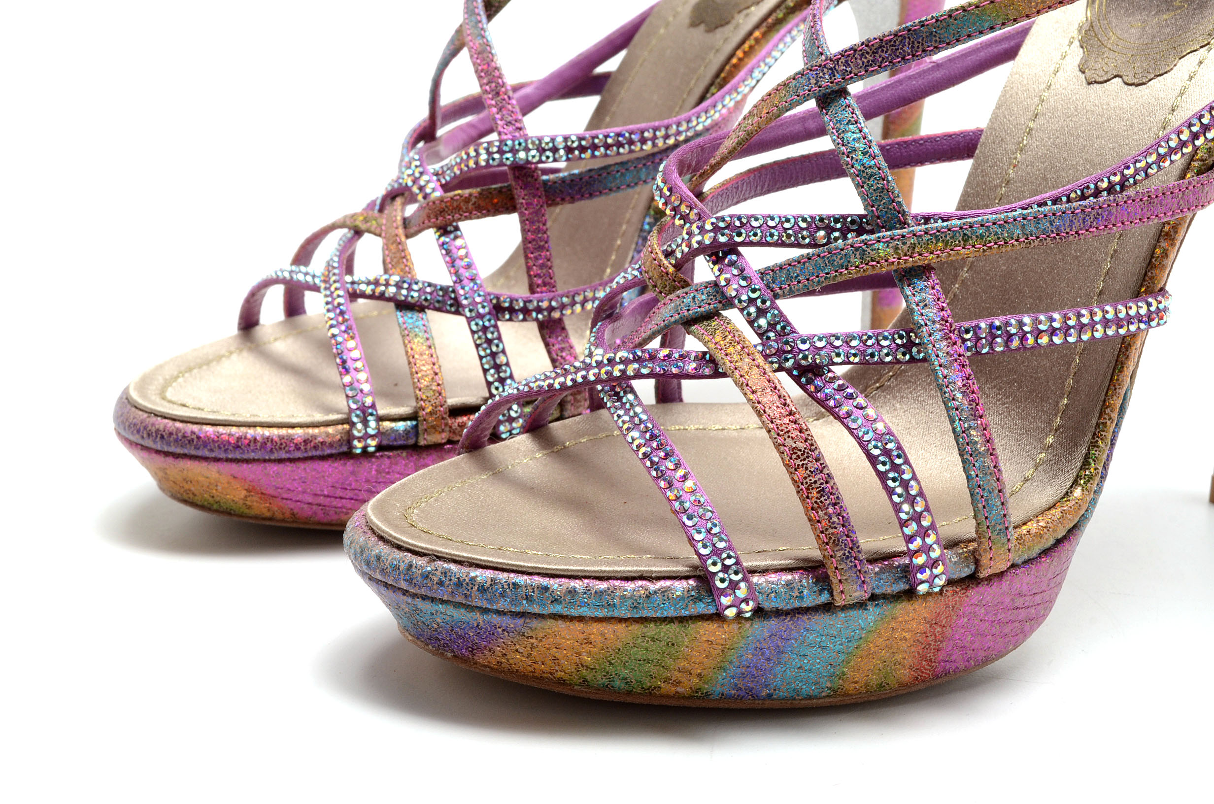 Rene Caovilla Glittery Open Toe Strappy Platform Sling Back Dress Sandals with Aurora Borealis Crystal Rhinestones