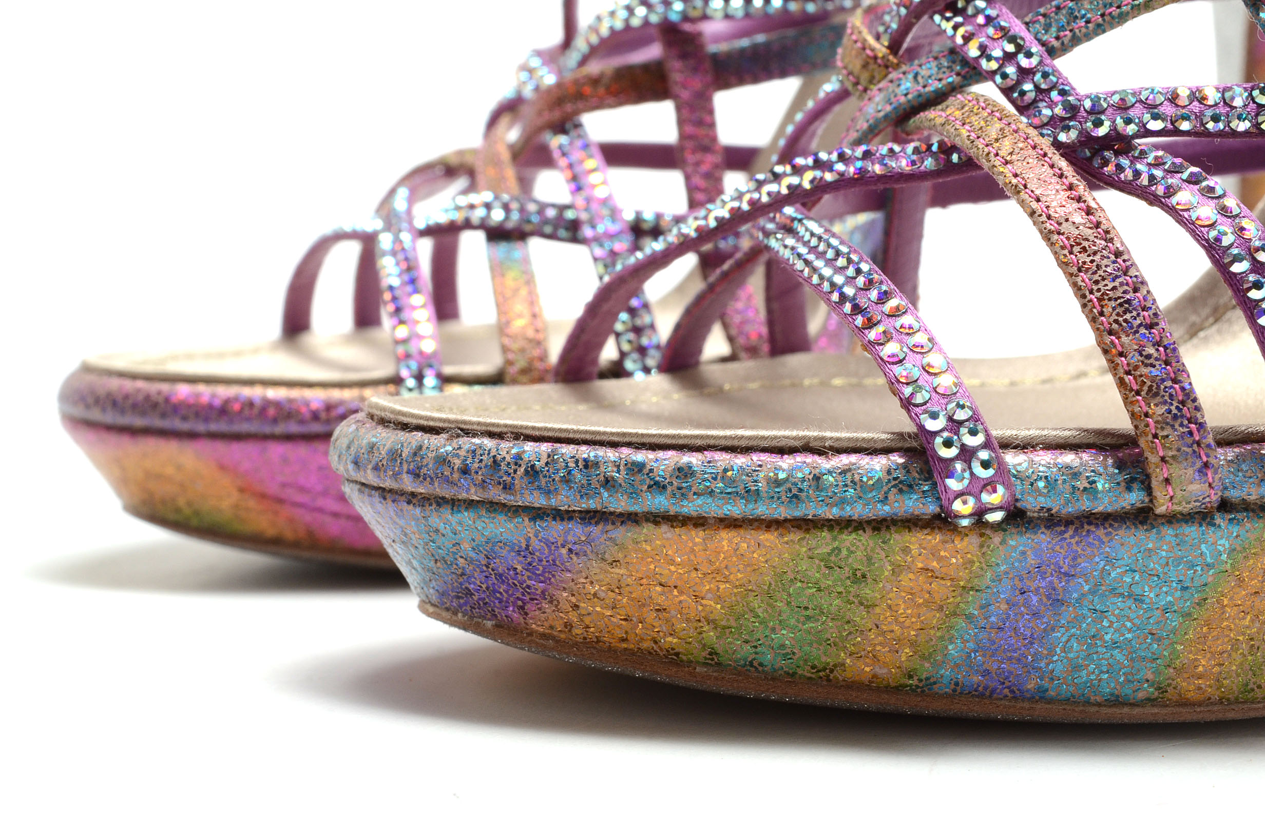 Rene Caovilla Glittery Open Toe Strappy Platform Sling Back Dress Sandals with Aurora Borealis Crystal Rhinestones