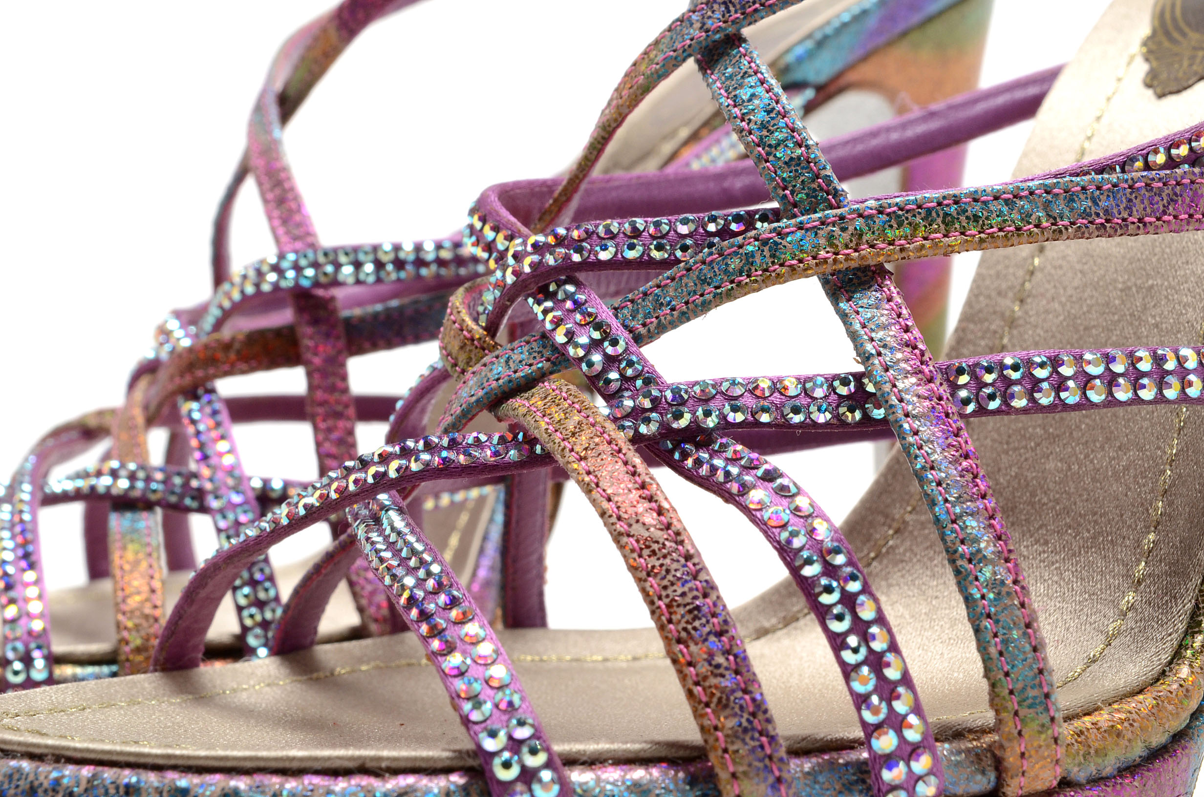 Rene Caovilla Glittery Open Toe Strappy Platform Sling Back Dress Sandals with Aurora Borealis Crystal Rhinestones