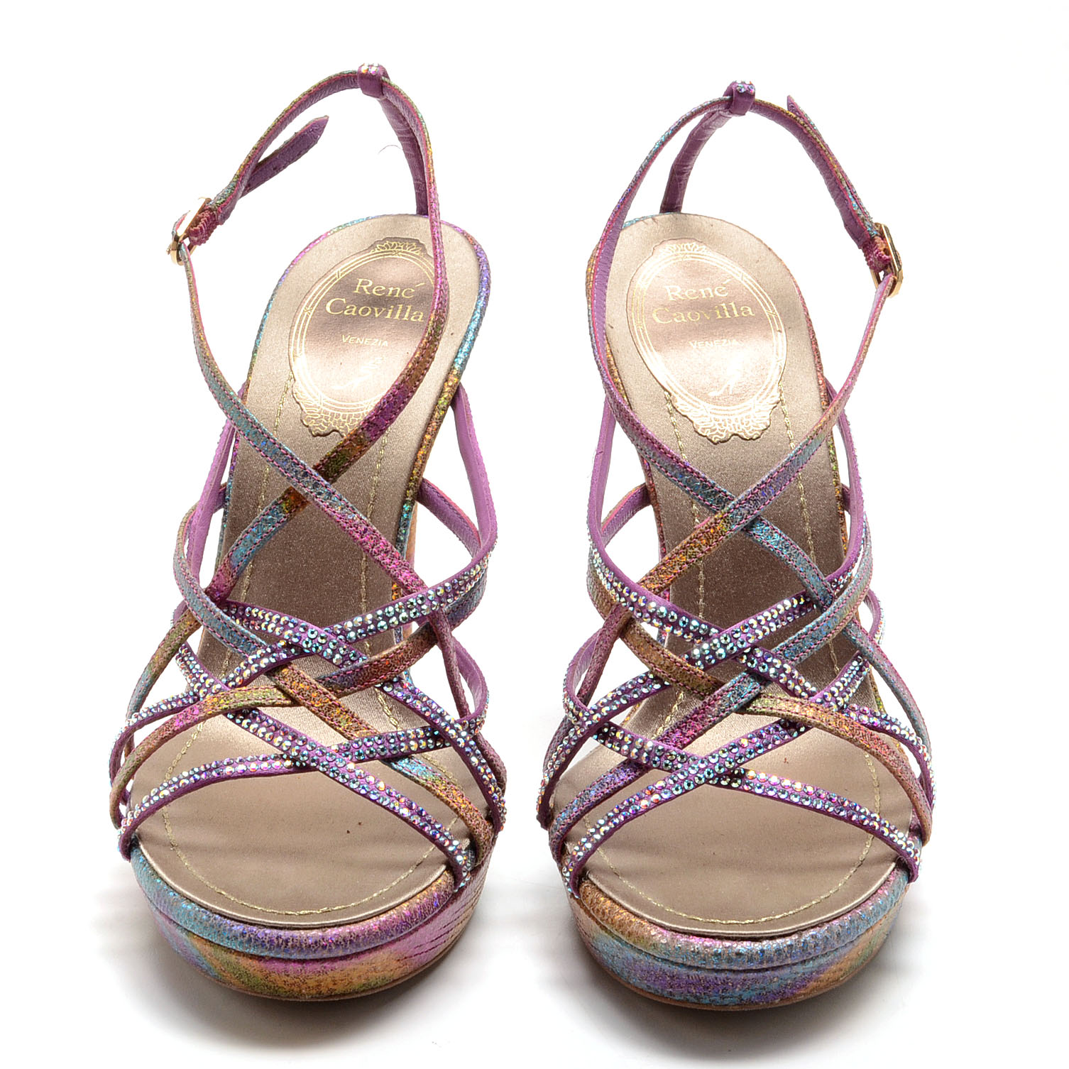 Rene Caovilla Glittery Open Toe Strappy Platform Sling Back Dress Sandals with Aurora Borealis Crystal Rhinestones