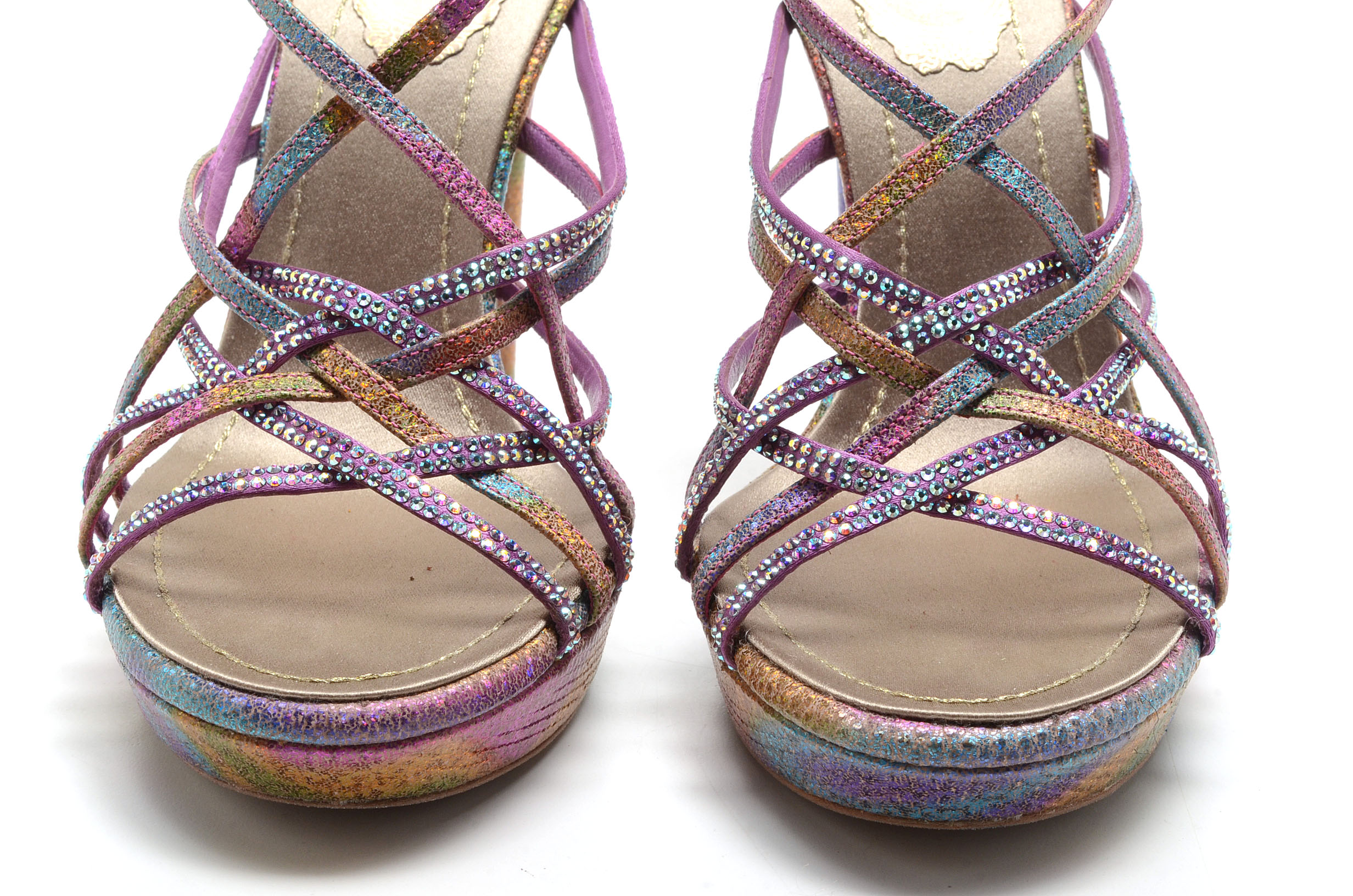 Rene Caovilla Glittery Open Toe Strappy Platform Sling Back Dress Sandals with Aurora Borealis Crystal Rhinestones