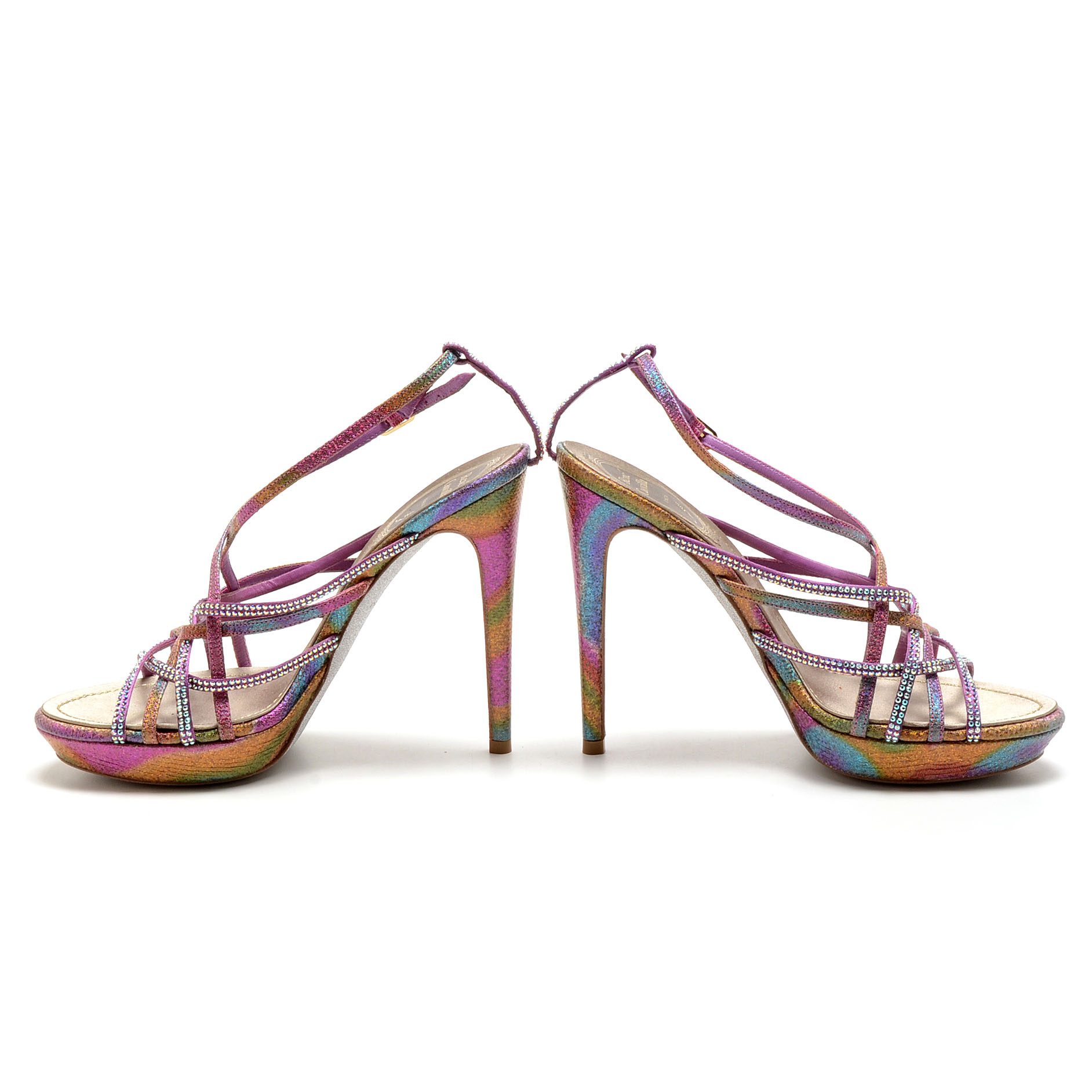 Rene Caovilla Glittery Open Toe Strappy Platform Sling Back Dress Sandals with Aurora Borealis Crystal Rhinestones