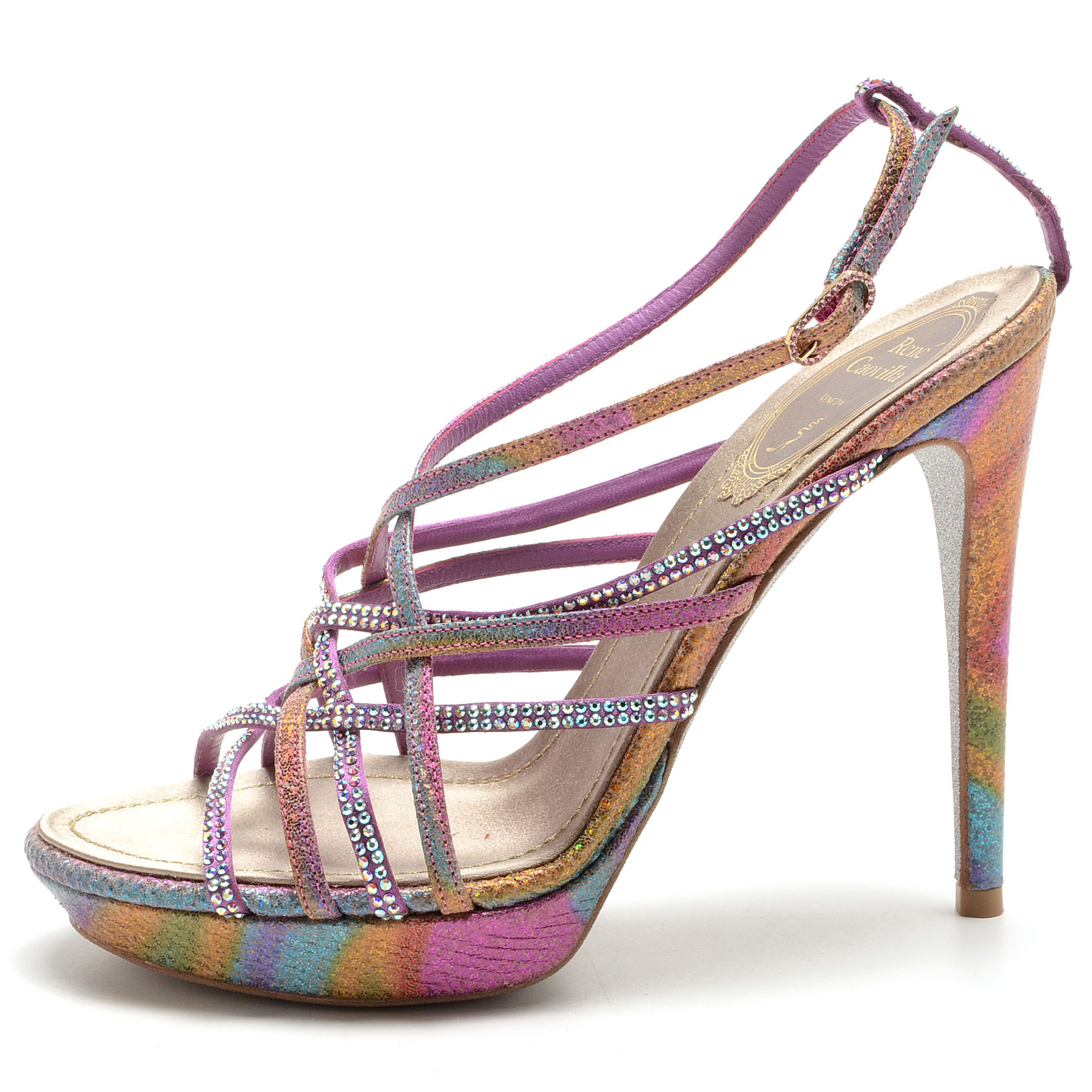 Rene Caovilla Glittery Open Toe Strappy Platform Sling Back Dress Sandals with Aurora Borealis Crystal Rhinestones